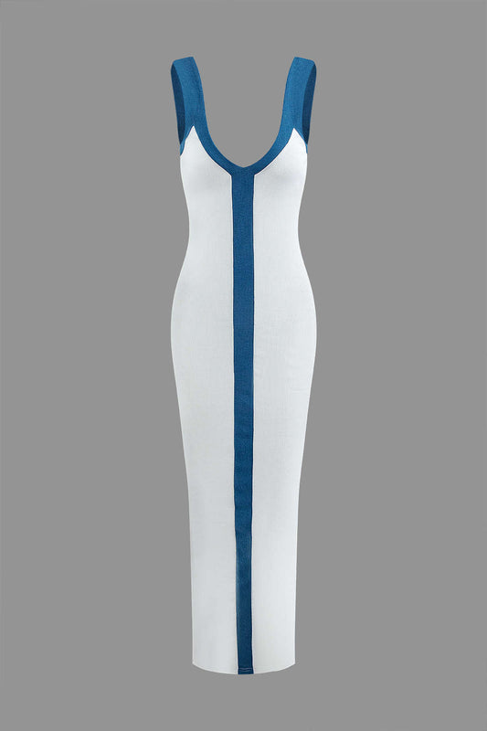 Colorblock V-Neck Ribbed Cocktail Maxi Dress