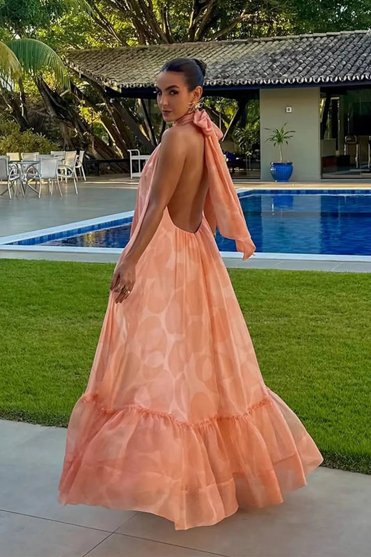 Printed Halter Neck Wedding Guest Maxi Dress