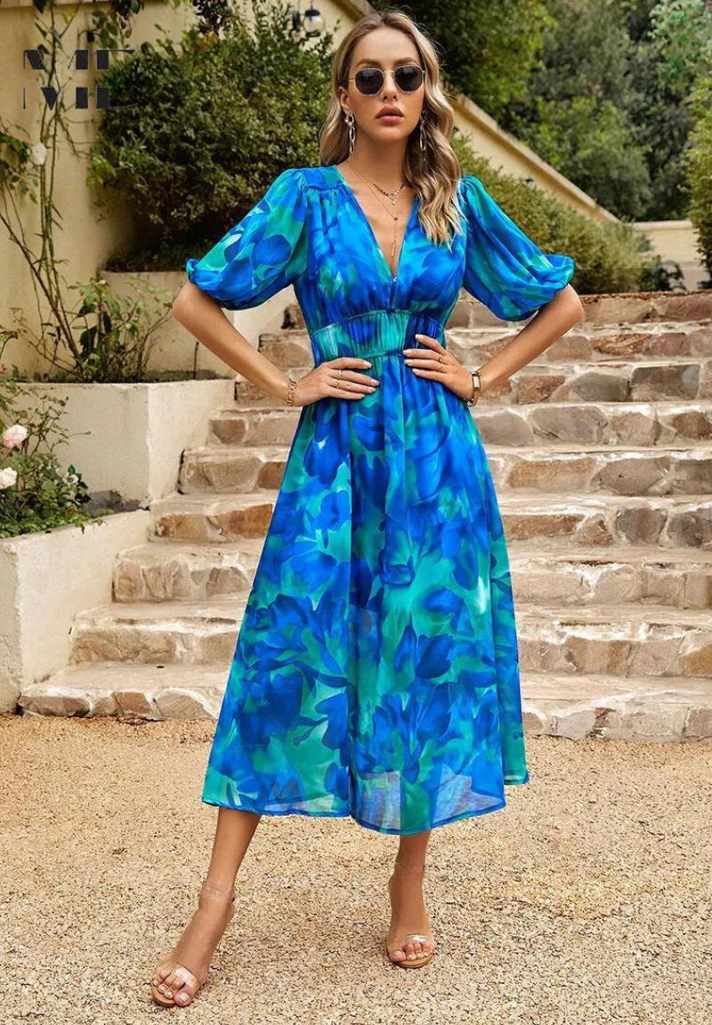 Elegant Floral Party Midi Dress with Puff Sleeves