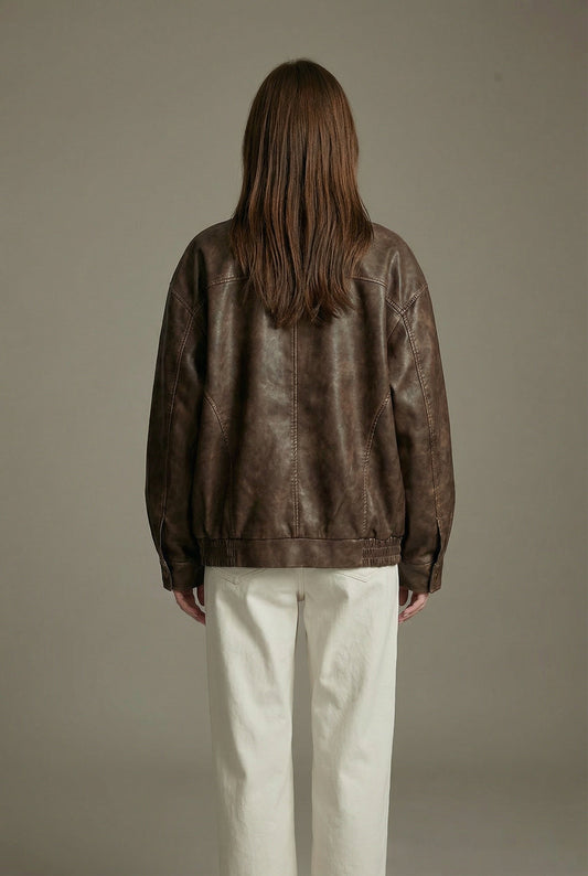 Women's Jacket – Vintage Faux Leather Oversized Bomber