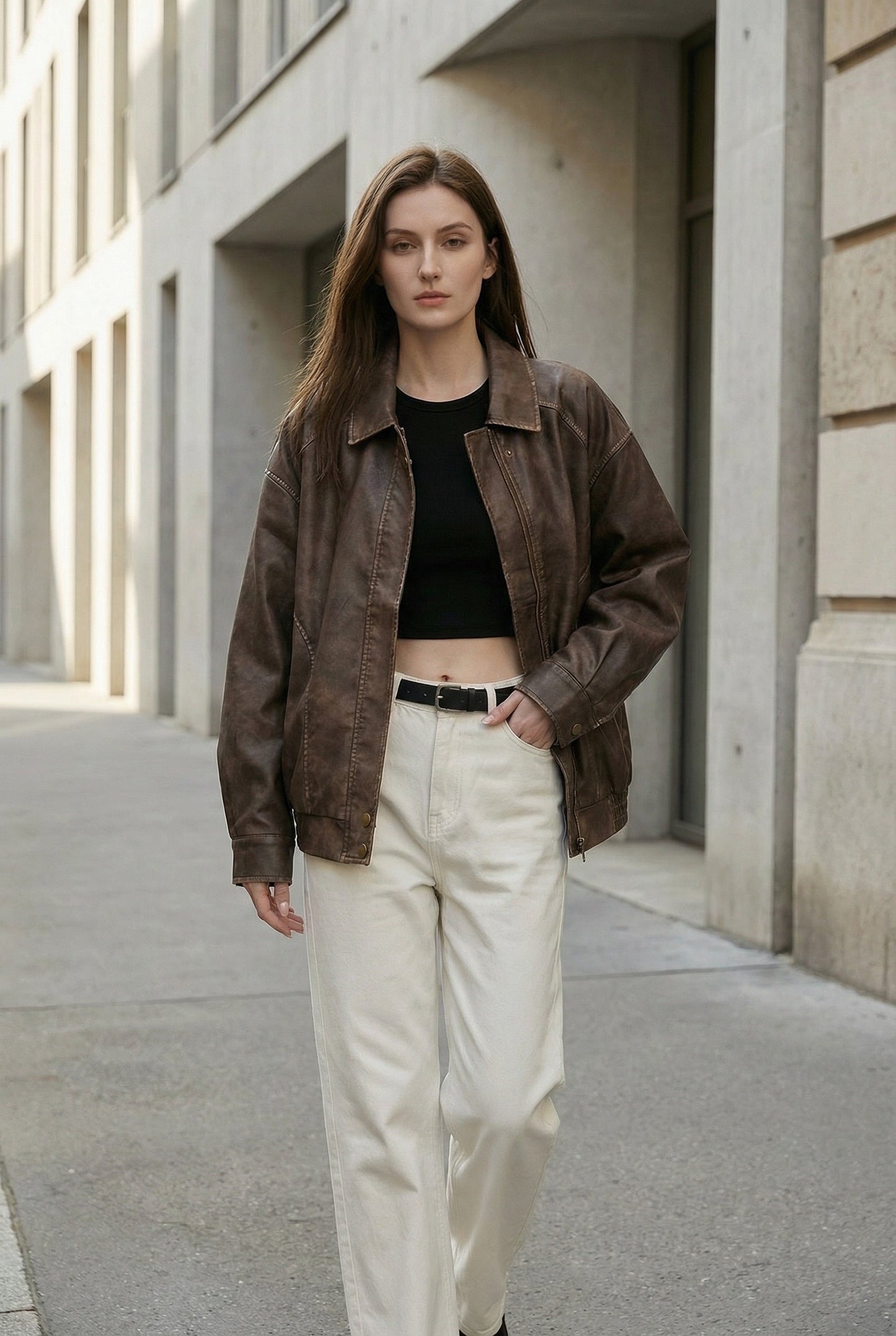 Women's Jacket – Vintage Faux Leather Oversized Bomber