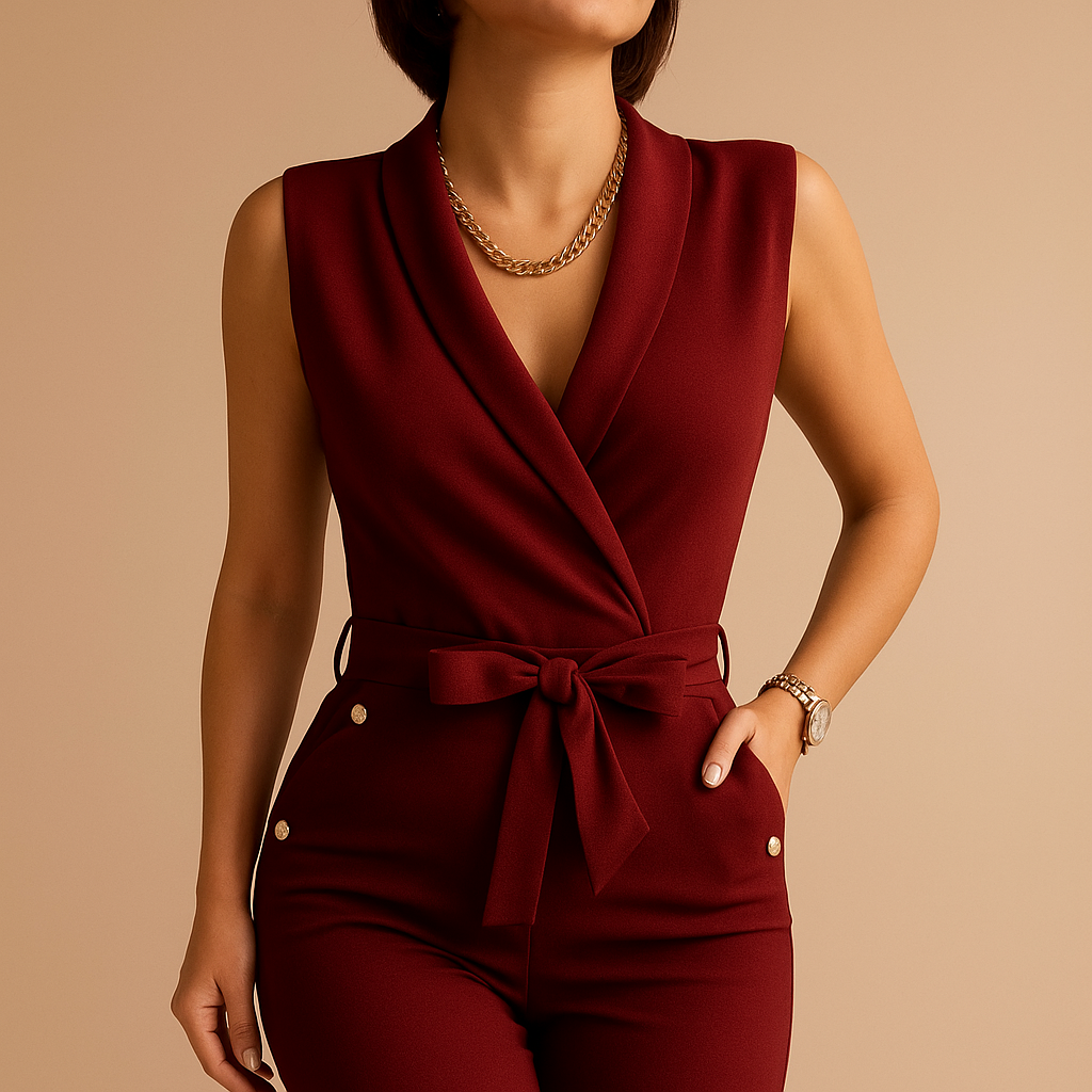 Sleeveless v-neck jumpsuit with waist tie for women | Lila