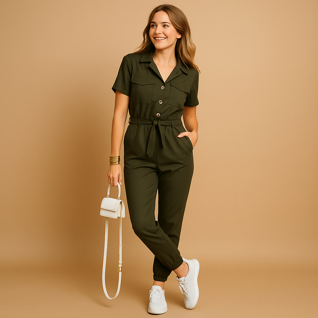 Tailored v-neck cargo jumpsuit for women | Clara