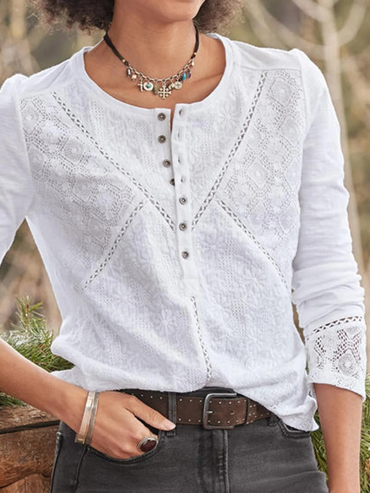 Women's Blouse – Lace Henley Long Sleeve Top