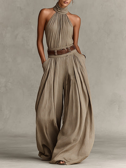 Women's Boho Jumpsuit – Halterneck Wide-Leg Draped Style