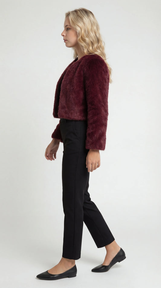 Women's Jacket – Cropped Faux Fur Collarless Jacket