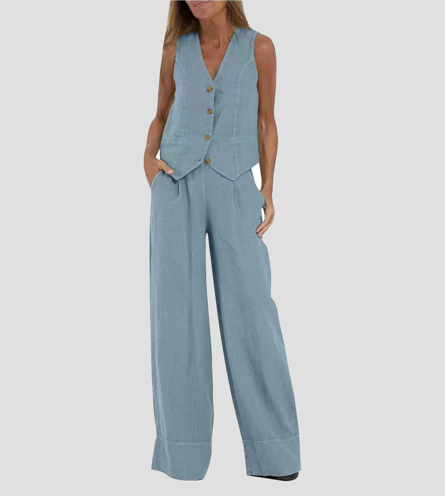 Women's Matching Set – Linen Vest & Wide Leg Pants