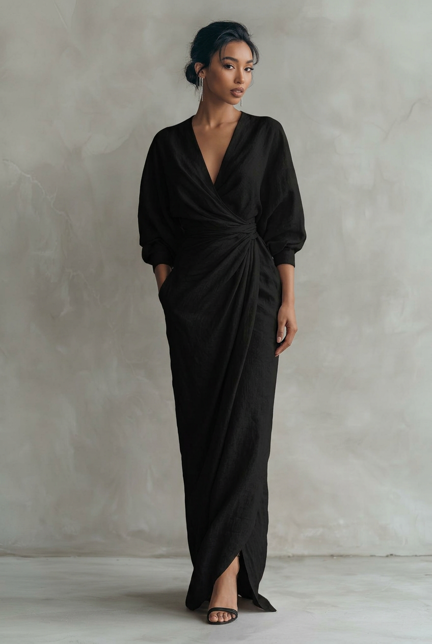 Women's Maxi Dress – Linen Blend V-Neck & Draped Waist