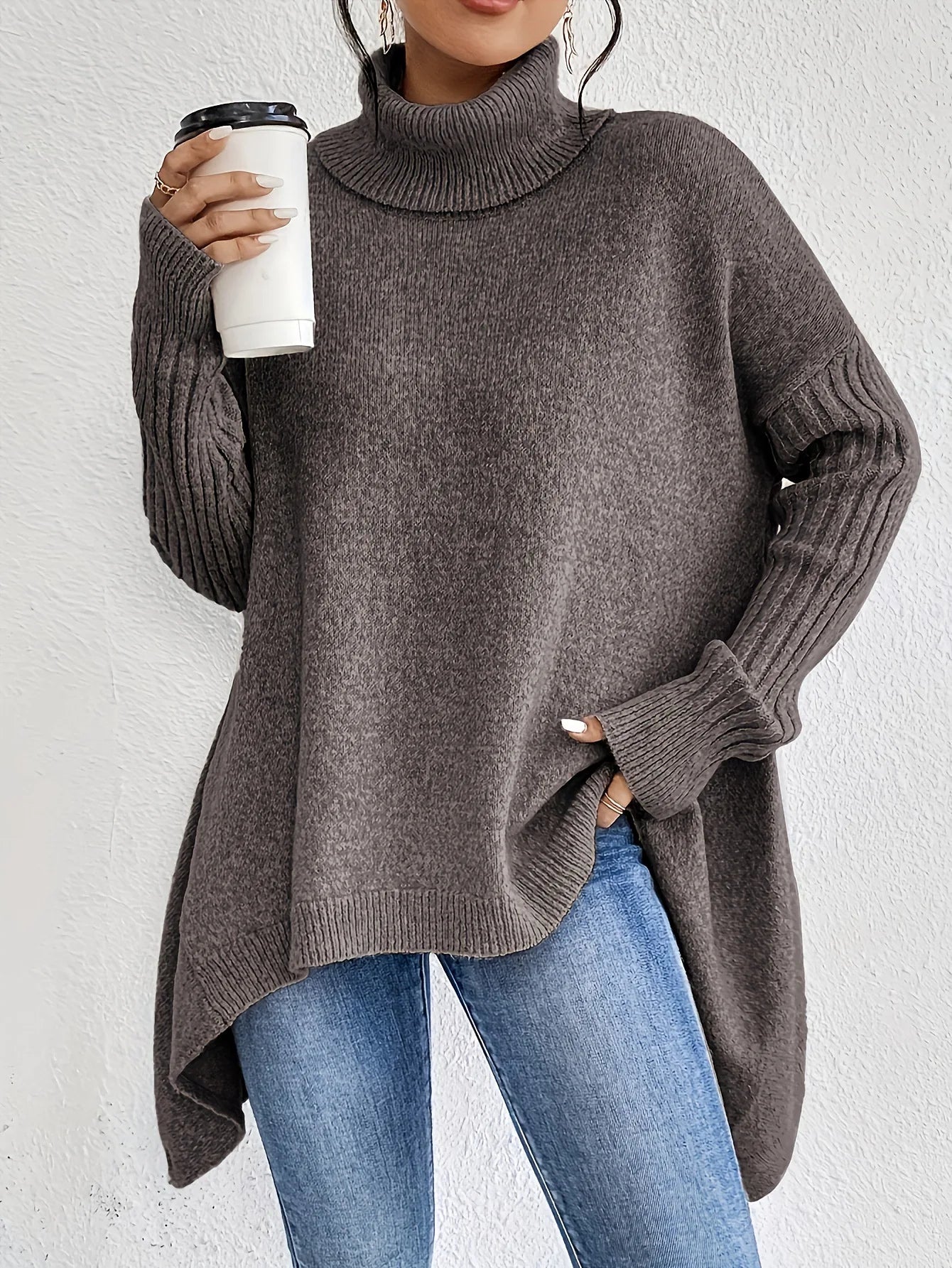 Women's Sweater – Oversized Turtleneck Knit Pullover