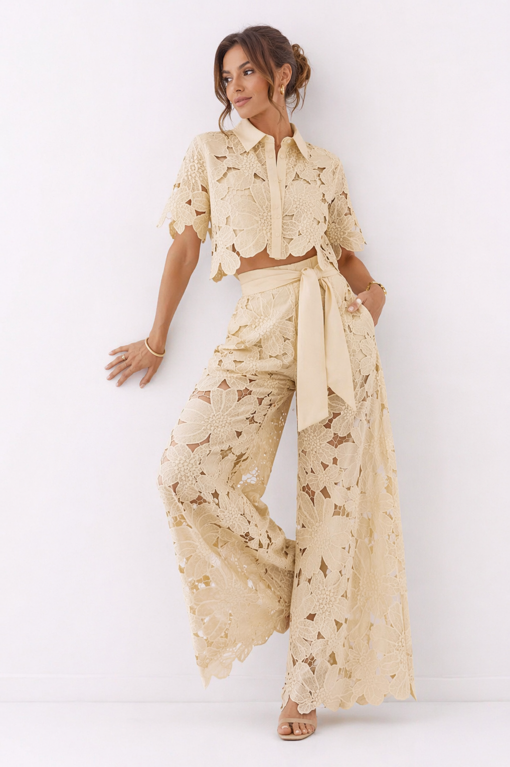 Women's Two-Piece Set – Lace Button-Up Top & Wide Leg Pants