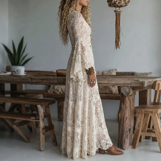 Women's Wedding Guest Dress – Lace Maxi with Bell Sleeves