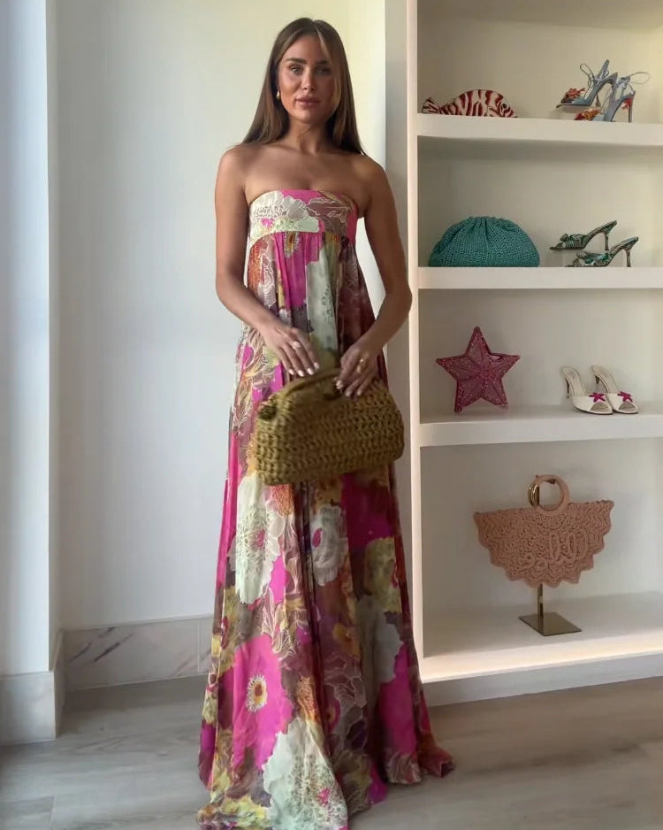 Women's Wedding Guest Dress – Strapless Floral Maxi Dress