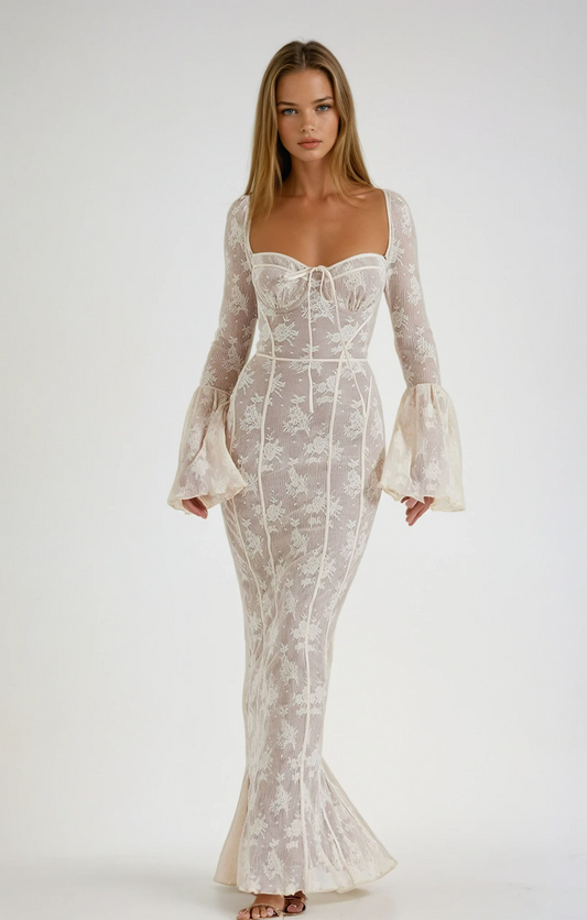 Elegant Lace Summer Night Maxi Dress with Corset Bodice