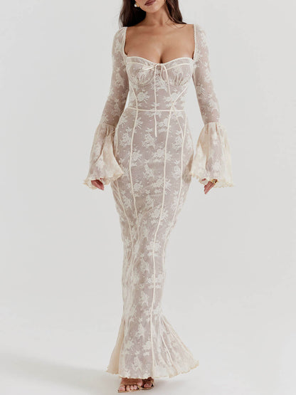 Elegant Lace Summer Night Maxi Dress with Corset Bodice