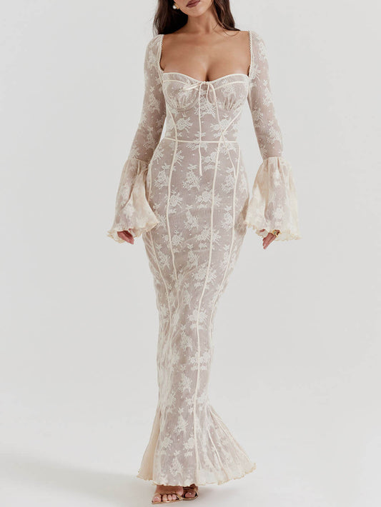 Elegant Lace Summer Night Maxi Dress with Corset Bodice