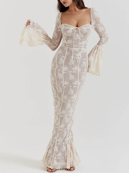 Elegant Lace Summer Night Maxi Dress with Corset Bodice