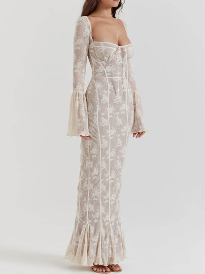 Elegant Lace Summer Night Maxi Dress with Corset Bodice
