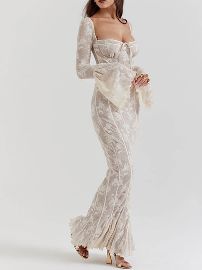 Elegant Lace Summer Night Maxi Dress with Corset Bodice