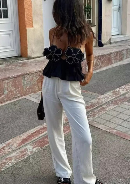 Embellished Black Flower Crop Top