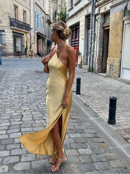 Open Back Satin Wedding Guest Maxi Dress