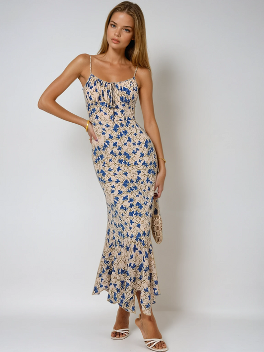 Floral Summer Night Spaghetti Strap Maxi Dress with Ruched Front