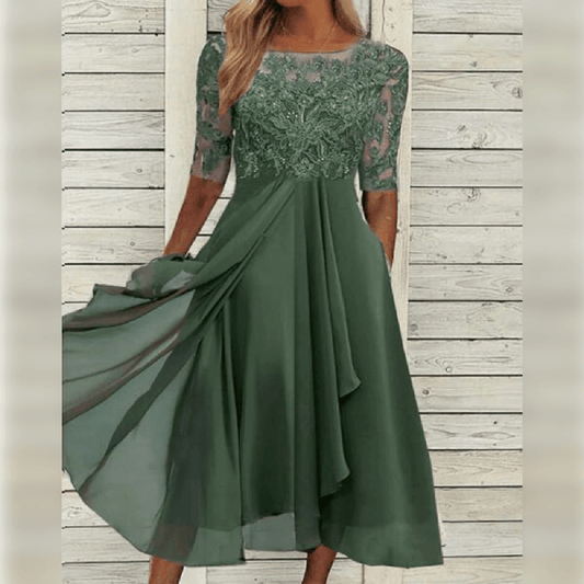 Elegant Flowy Women's Party Dress with Lace Bodice