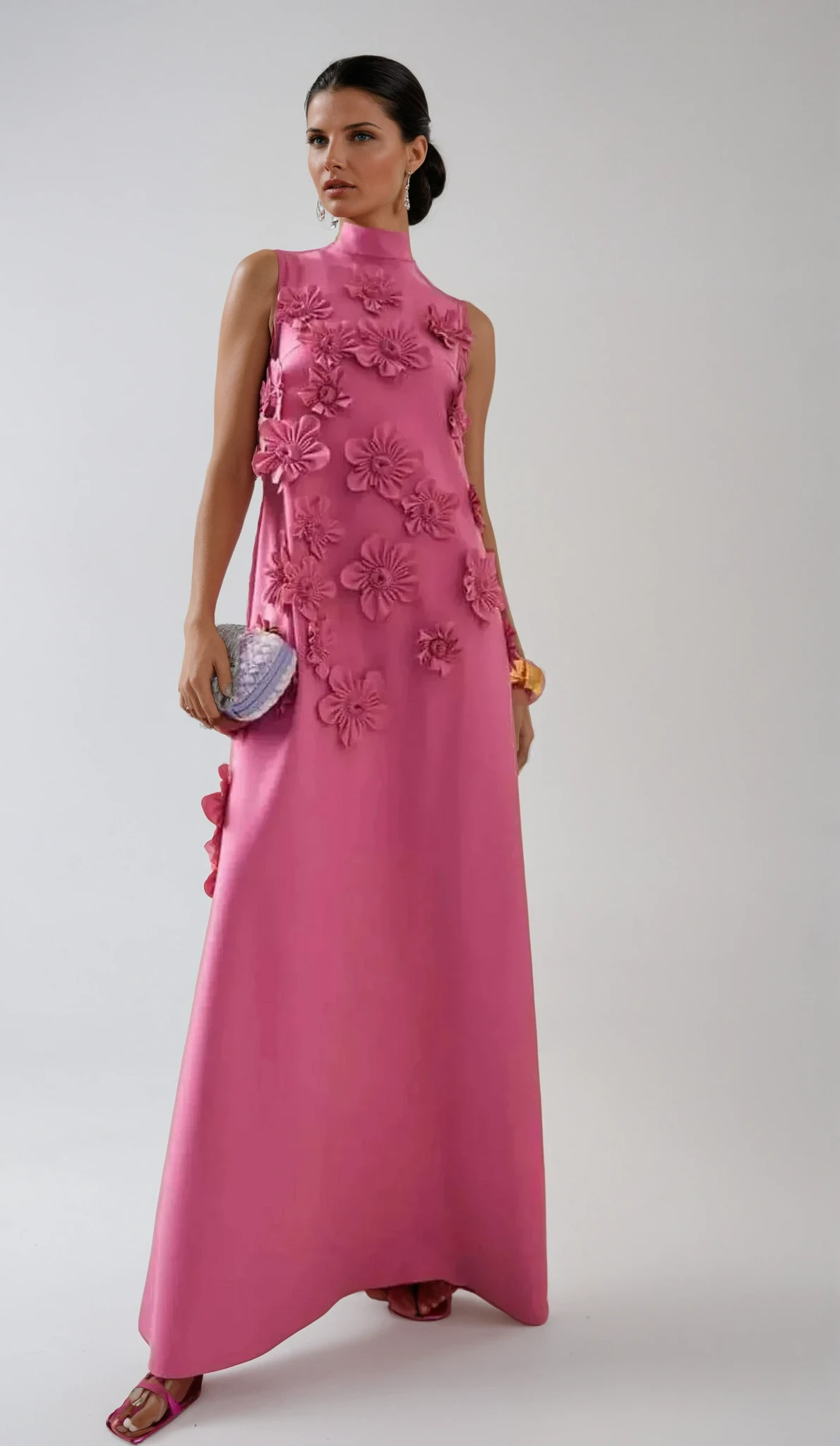 Flower Embellished Sleeveless Summer Evening Maxi Dress