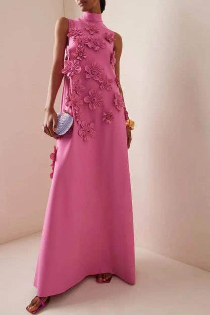 Flower Embellished Sleeveless Summer Evening Maxi Dress