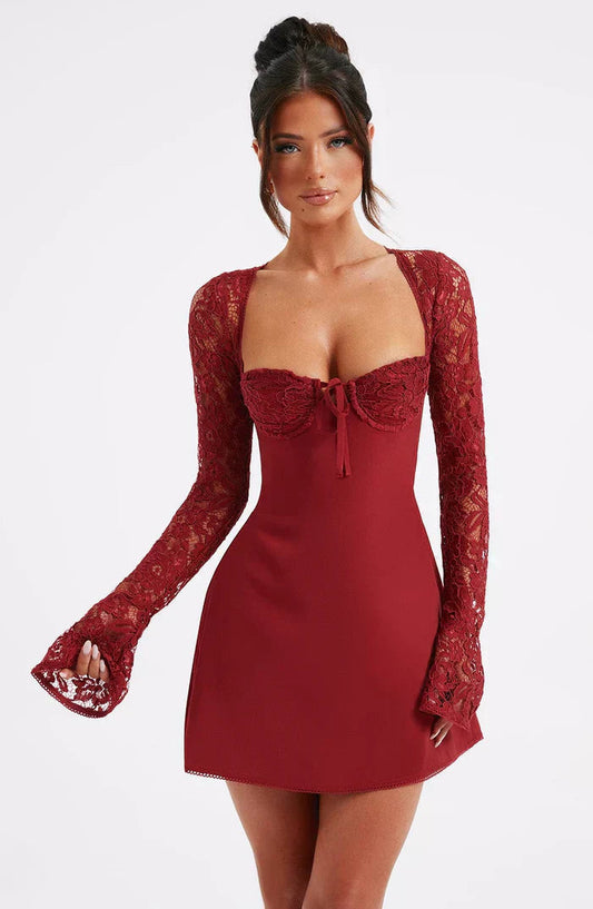 Red Lace Up Party Mini Dress