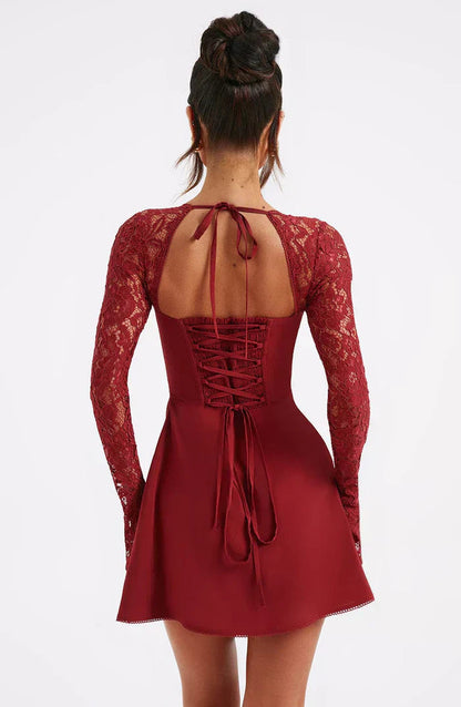 Red Lace Up Party Mini Dress