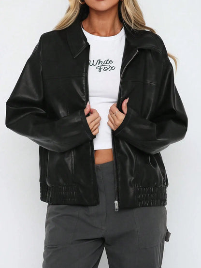 Women's Casual Black Faux Leather Jacket