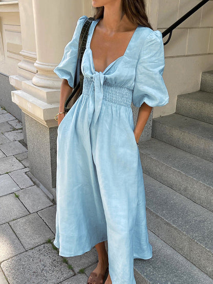 Blue Linen Blend Summer Midi Dress
