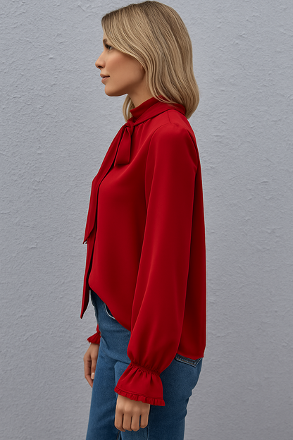 Long Sleeve Blouse with Tie Neck