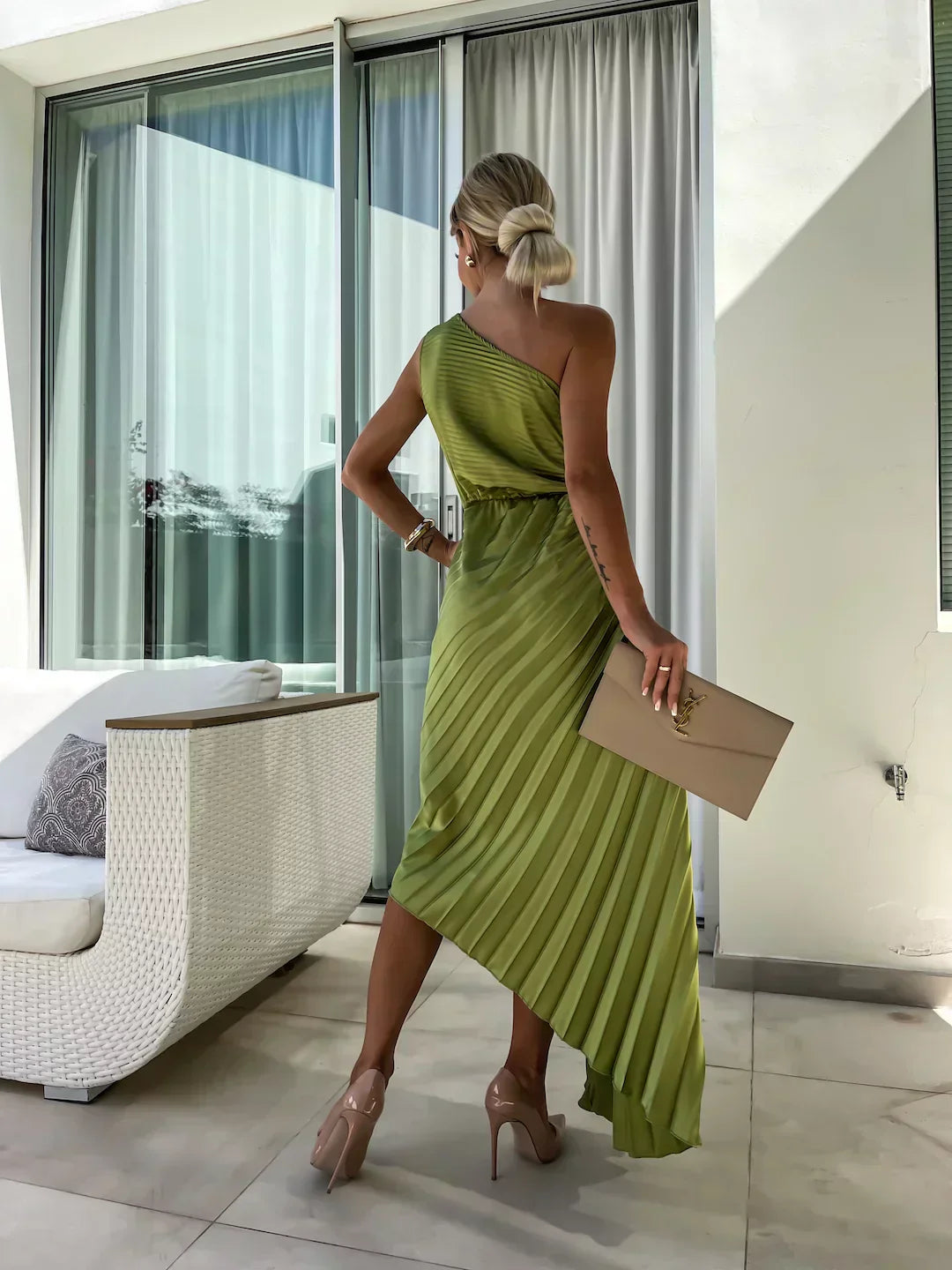 Elegant Shoulder Pleated Special Occasion Midi Dress
