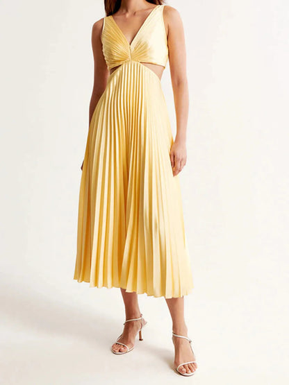 Yellow Pleated Summer Party Maxi Dress