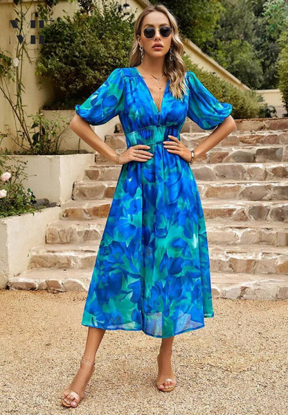 Elegant Floral Party Midi Dress with Puff Sleeves
