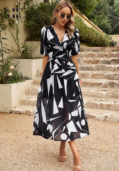Elegant Floral Party Midi Dress with Puff Sleeves