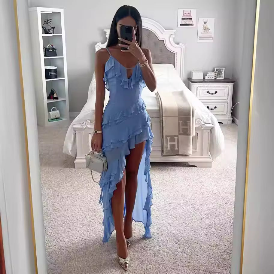 Ruched Blue Wedding Guest Maxi Dress