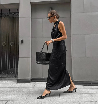Black Satin Halter Wedding Guests Maxi Dress