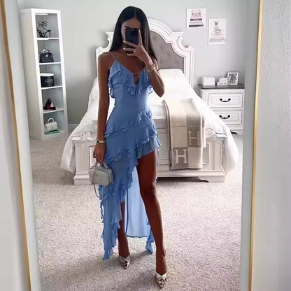Ruched Blue Wedding Guest Maxi Dress