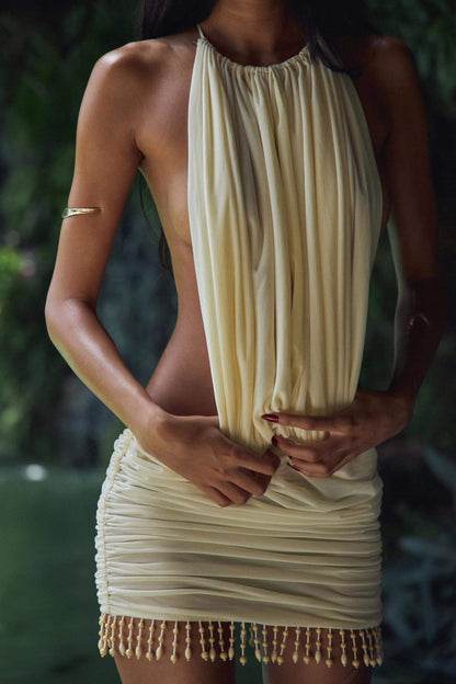Pleated Halterneck Open Back Mini Dress