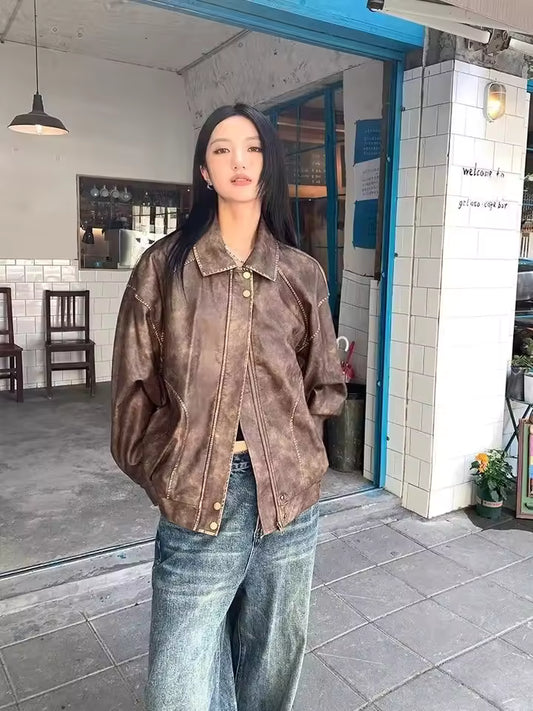 Women's Jacket – Vintage Faux Leather Oversized Bomber