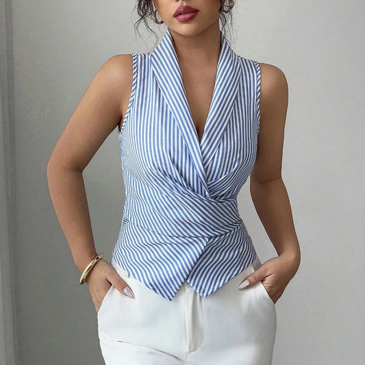 Striped Sleeveless Lapel Shirt
