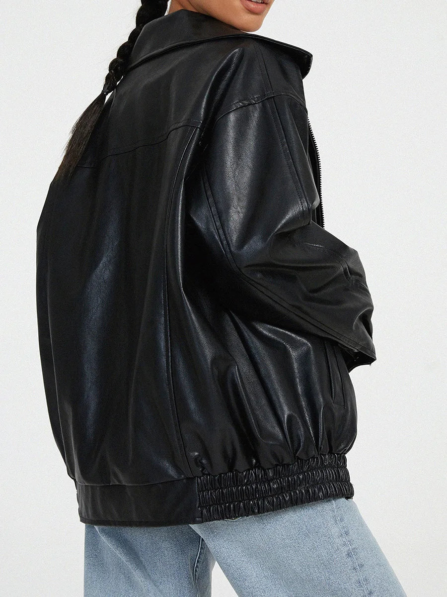 Oversized Women's Leather Bomber Jacket with Zip