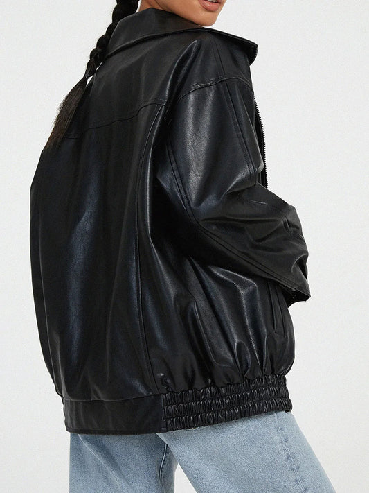 Oversized Women's Leather Bomber Jacket with Zip