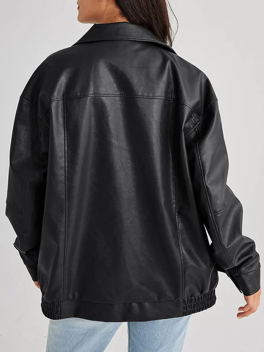 Oversized Women's Leather Bomber Jacket with Zip
