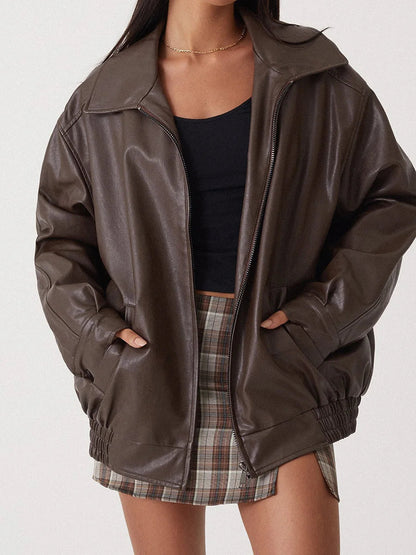 Oversized Women's Leather Bomber Jacket with Zip