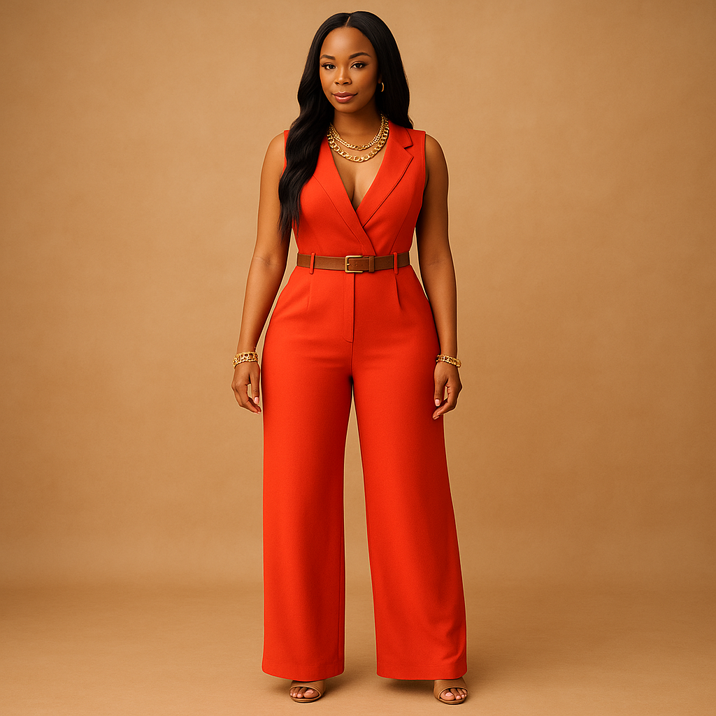 Deep V-neck jumpsuit with high waist for women | Clara