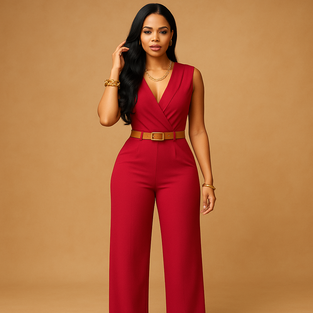 Deep V-neck jumpsuit with high waist for women | Clara