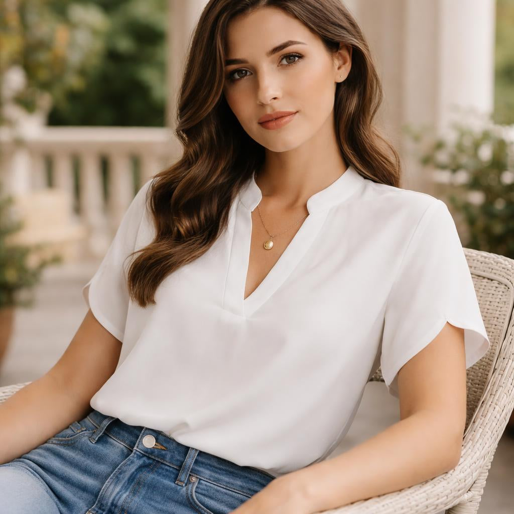 V-Neck Mandarin Collar Blouse